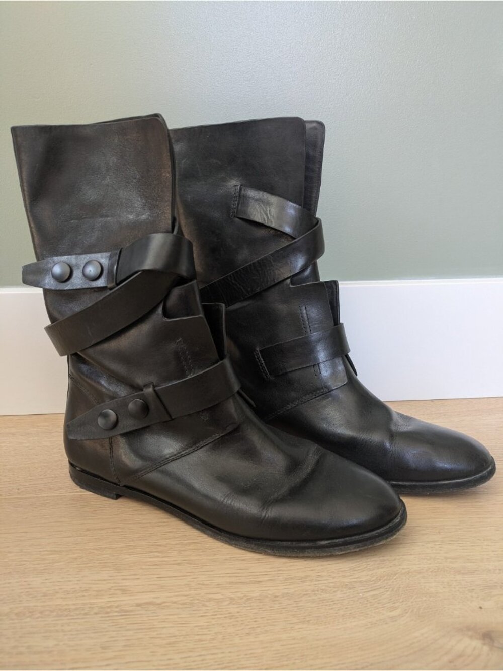 Alexander Wang Black Shoes Moto Boots Strappy Smooth Calf Leather Size 40 / 9